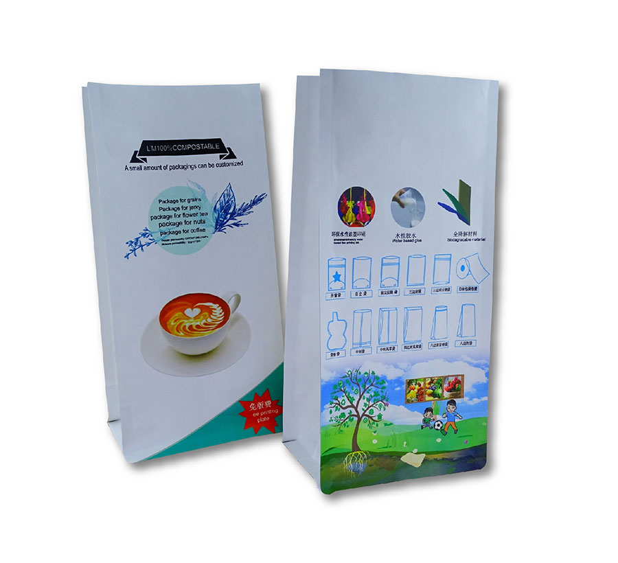 A custom eight-side seal biodegradable coffee bag with unidirectional valve, self-standing coffee bean packaging bag, high barrier compostable packaging bag